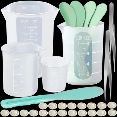 Immagine prodotto di Set di misurini in silicone per resina epossidica, composto da 4 pezzi: misurini da 400/250/100/50 ml, con spatole per mescolare, spatolini e pinzette