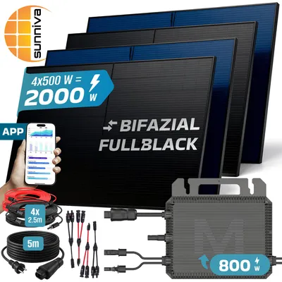 Produktbild von SUNNIVA® 2000W Balkonkraftwerk BIFAZIAL FULLBLACK komplett Steckdose MARSTEK 800W Wechselrichter, PV Solaranlage, 5m Kabel, Bluetooth WIFI