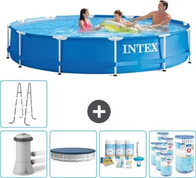 Produktbild von Intex Rundrahmen-Schwimmbecken – 366 x 76 cm – Blau – inklusive Pumpe Abdeckung - Wartungspaket - Filter - Leiter