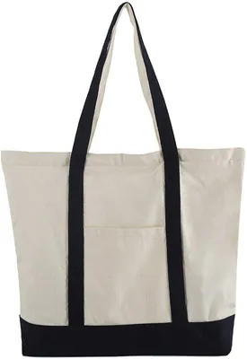Image de Sac en toile avec poche extérieure, sac de courses réutilisable, fermeture à glissière sur le dessus, pour les besoins quotidiens (noir/naturel, lot de 1)