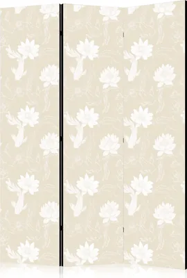 Produktbild von 3-teiliger Doppelseitiger Vlies Paravent - Fish and Water Lilies - Bright Oriental Fish Swimming Among Water Flowers on a Delicate Sand-Beige Background 135x172 cm Tiere g-B-10065-z-a