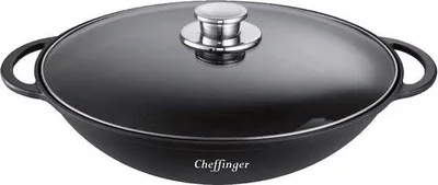 Produktbild von Cheffinger DAW36 Wokpfanne rund, schwarz, 36 cm, RVS mit Glasdeckel