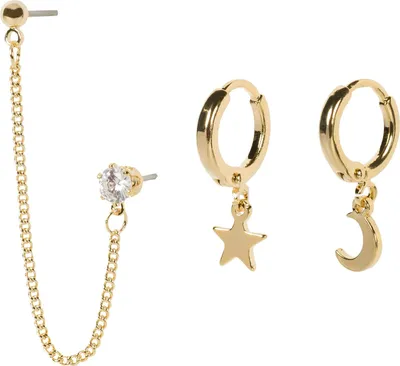 Produktbild von styleBREAKER Damen Ohrring Set 4-Teilig mit Creolen Hoops Mond und Stern, Single Ear Stecker mit Kette und Strass 05090034