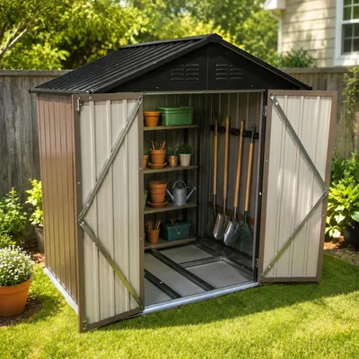 Immagine prodotto di Casetta da giardino in metallo 184,4 x 127,2 x 191,5 cm, acciaio zincato, doppia porta, ventilazione e telaio di base, marrone-nero, Immagine generata dall'IA