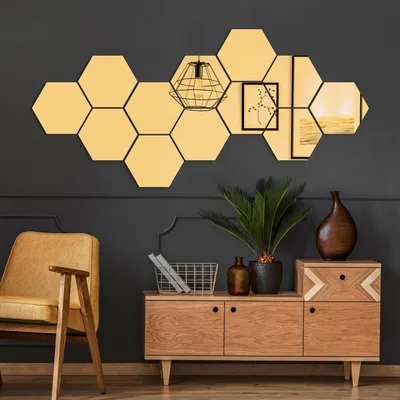 Produktbild von 12 goldene sechseckige Spiegelaufkleber – 20 x 17 cm – Selbstklebende Aufkleber mit Spiegeleffekt