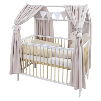 Produktbild von Baby-Delux Hausbett Kinderbett Gitterbett Weiß Natur 60x120 Beißschienen Schutzgitter Matratze Bett Set Waffelpique Teddy Beige Musselin Himmel