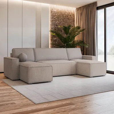 Produktbild von Masseno Ecksofa PESANO P mit Schlaffunktion U-Form, Sofa mit Bettkasten, Wohnzimmersofa, Couch, Soffa, Bettsofa, Couchgarnitur- Beige, POSO 02