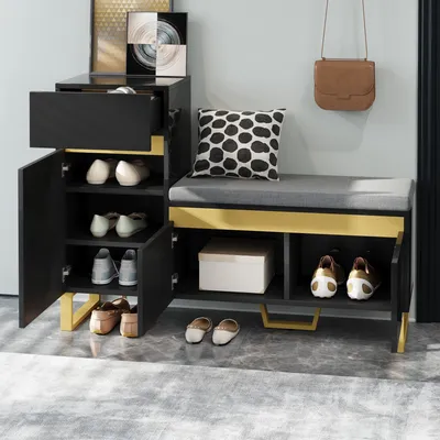 Produktbild von okwish Schuhschrank Flurschrank Eingangsschrank mit 1 offenes Fach und Scharnieren,Aufbewahrungsschrank mit einem weichen Kissen und Schubladen,Schwarz