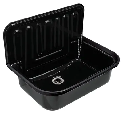 Produktbild von Differnz Ausgussbecken mit Ablaufstopfen - 50 x 38 x 33 cm - Stahlblech - Wandbefestigung - Aufkantung - Tragkraft 25 kg - Geeignet für Garage, Hauswirtschaftsraum oder Keller - Schwarz
