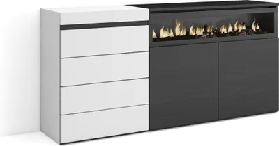 Image de COZY Commode, Buffet, Armoire, 157x35x75 cm, Chambre à coucher, Cheminée électrique, Blanc et noir