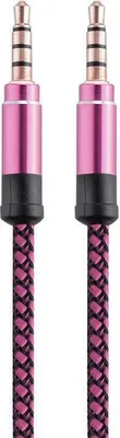 Two pink and black braided AUX cables with rose gold connectors against a white background.