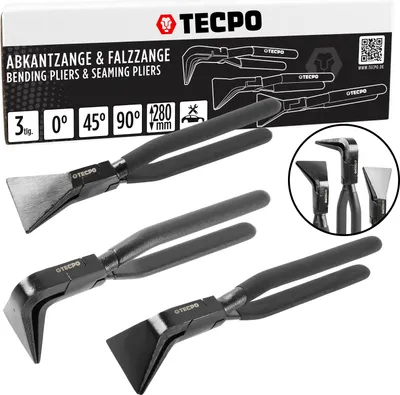 A product shot of a set of three bending and seaming pliers on a white background, with packaging visible at the top.