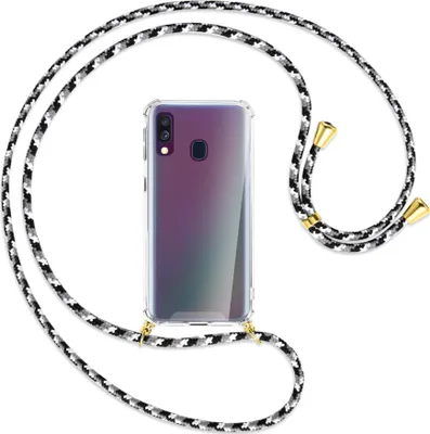 Produktbild von Handykette Backcover-Schutzhülle mit Band (Metall goldfarben) für Samsung Galaxy A40 - schwarz/grau/weiß