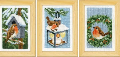 Produktbild von Vervaco Kreuzstich Set "Rotkehlchen im Winter" 3er Set, Zählmuster, 8x12cm