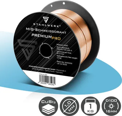 A spool of welding wire with product information and feature icons displayed.