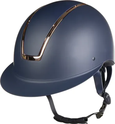 A navy blue riding helmet with rose gold accents, shown from a side-front angle against a white background.