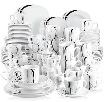 Produktbild von Porzellan-Geschirrset - FIONA Tafelservice - 100-teilig - Für 6 Personen - Eierbecher - Tassen mit Untertassen - Teller und Schalen - Pflanzenmuster