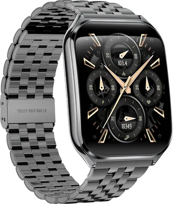 A smartwatch with a metal band is shown against a white background.
