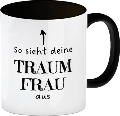 Produktbild von Traumfrau Kaffeebecher in schwarz mit Spruch: So sieht deine Traumfrau aus