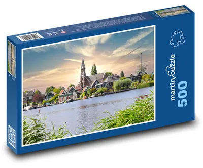 Zdjęcie produktu dla Puzzle 500 Kościół i domy nad jeziorem - martinpuzzle