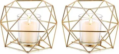 Productafbeelding van Unyqoos® Set theelichthouders – geometrische, gouden metalen kaarshouders voor theelichthouders en votivkaarsen, 2 stuks, hoogte 10 cm, diameter 12 cm, met glazen votivbekers
