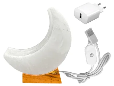Produktbild von HAF Dimmbare USB Salzlampe HALBMOND Weiß aus Kristallsalz – Handgefertigte Salzkristall LED Deko Lampe – Als Tischlampe für Büro & Schlafzimmer