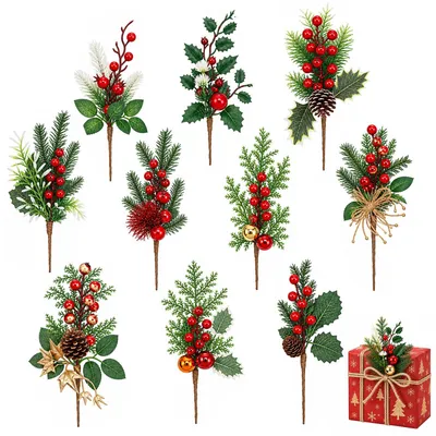 Kunstdennentakken mit Beeren & Zapfen, 10er-Set, 24 cm