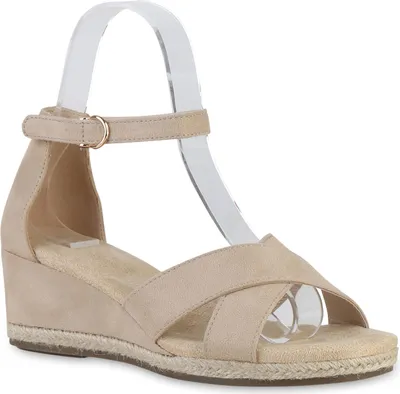 Produktbild von VAN HILL Damen Keilsandaletten Sandaletten Bast Sommer Schuhe 841127, Farbe: Beige Velours, Größe: 39