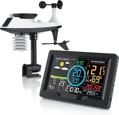 Image de Station météo 5-en-1 - Avec capteur extérieur, prévisions météo, anémomètre, pluviomètre, thermomètre, hygromètre, baromètre, heure d'été, panneau solaire
