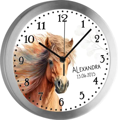 A clock with a horse image and personalized text.
