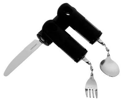 Produktbild von 3-teiliges Edelstahl-Besteckset für Senioren mit rutschfester Oberfläche und flexibler Gabel und Löffel