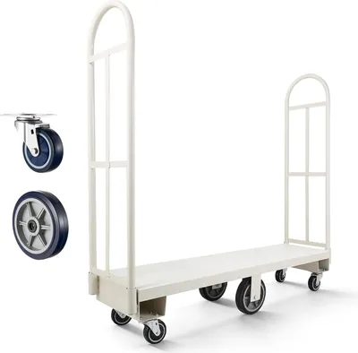 Zdjęcie produktu dla Wózek platformowy SucceBuy 907 kg, wózek transportowy do ciężkich ładunków z 6 kołami i dwoma zdejmowanymi uchwytami, idealny do magazynów, warsztatów i fabryk, 1525 x 410 x 1510 mm Wózek transportowy