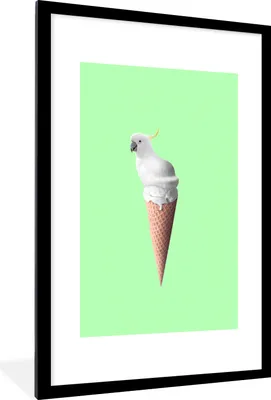 Produktbild von MuchoWow® Gerahmtes Poster Papagei - Eistüten - Eiscreme - Weiß - Grün 60x90 cm - Poster mit Schwarzem Bilderrahmen Wandposter Rahmen Foto Bilder - Dekoration - Wandposter Wohnzimmer - Hochwertig