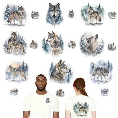 18 Textiltransfer-Sticker, Aufbügel-Sticker, Wolf, mehrfarbig