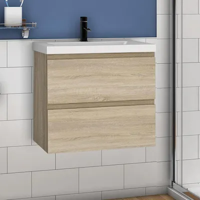 Produktbild von Waschtisch mit Unterschrank 60cm Alast Badmöbel Set Eiche Waschbecken mit Unterschrank MDF Softclose