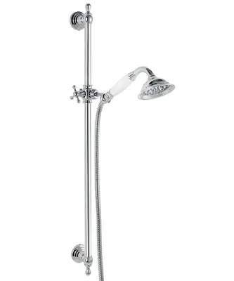 A chrome shower set with a hand shower and hose mounted on a vertical bar.
