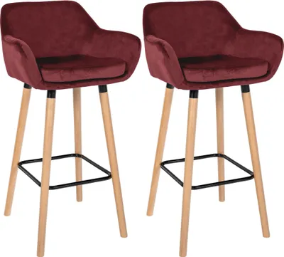 Produktbild von CLP 2er Set Barhocker Grant Samtbezug Gestell aus Buchenholz bis 150 kg rot