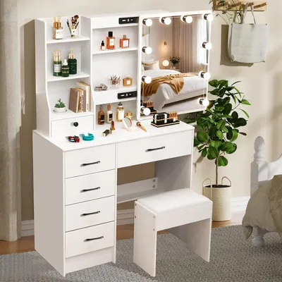 Image de Table de maquillage avec éclairage LED et tiroirs, dimensions 131x80x36 cm, en MDF