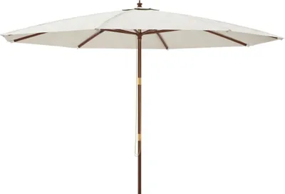 A white patio umbrella with a wooden pole is shown against a white background.