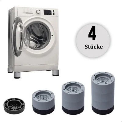 A washing machine is shown elevated by four feet, with additional feet shown separately. A graphic indicates quantity.