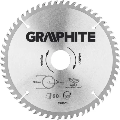 Produktbild von GRAPHITE Sägeblatt Ersatzsägeblatt Kreissägeblatt 185 mm x 30 mm 60 Zähne  für Holz, MDF Reduktionsstücke: 30 x 16 mm, 30 x 20 mm, 30 x 25,4 mm