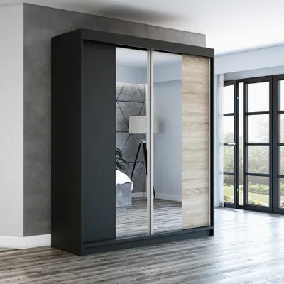 Produktbild von Schwebetürenschrank, 2-türig Schrank ELEGANZA 180 cm (mit Spiegel) Schwarz / schwarz / sonoma