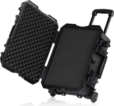 A black transport case with wheels and foam padding, shown open.