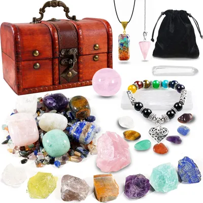 Immagine prodotto di Set di Pietre Curative da 29 pezzi - Cristalli del Chakra - Pietre levigate - Scatola in legno - Energia per lo yoga - Meditazione spirituale - Set di cristalli