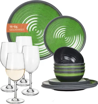 Image de Mélamine Vaisselle de camping Set 4 personnes Stone Green + 4 verres à vin Tiamo Blanc Vaisselle de pique-nique BBQ Vaisselle de cuisine