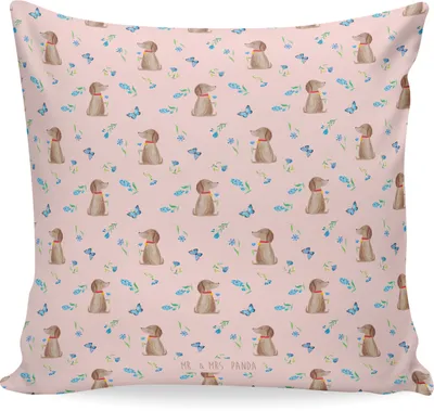 Produktbild von Mr. & Mrs. Panda Dekokissen Hund Blume - Rosa - Geschenk, Kuschelkissen, Kissen 40x40, Kuschel, Sofakissen, Hunde, Süß, Frauchen