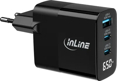 A black USB charger with multiple ports and a digital display.
