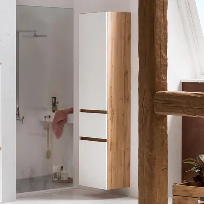 Produktbild von Badezimmer Bad Schrank Hängeschrank Kopenhagen 40 cm breit in weiß matt / Eiche Nachbildung mit 2 Türen und 1 Schublade