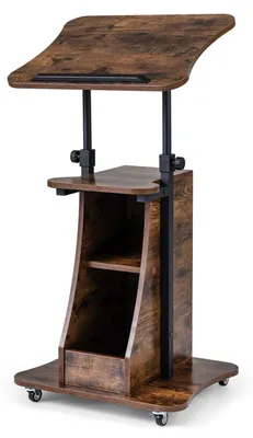 Obrázek produktu pro COSTWAY Řečnický pult s nastavitelnou výškou (72–112 cm), stojací pult s kolečky, sklopnou deskou, přihrádkami a otevřenou policí, mobilní stojací psací stůl, prezentační pult