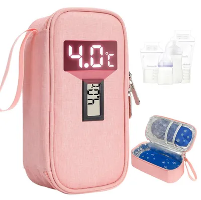 Produktbild von Muttermilch Kühltasche mit Temperaturanzeige, Rosa, inkl. 2 Kühlakkus